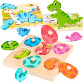 Dinosaur Wooden Toddler Puzzle 1-3, Montessori Toys for 1 2 3 Year Old, Dinosaur Eggs Peg Puzzles, Kid Wooden Puzzles Ages 2-4, Dinosaur Toy for Toddler Kid, Preschool Education Learning Toys in Kuwait