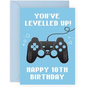 CENTRAL 23 Fun Tenth Birthday Card for Boys - 'You've Levelled Up!' - Happy 10th Birthday - 10 Year Old - Blue Greeting Card for Gamers - For Kids - Gift for Son, Grandson - With Stickers