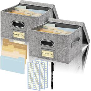 Greeting Card Organizer and Storage Box with 24 Pcs Adjustable Dividers, Storing Cards with 84 Pcs Labels Perfect for Storing Greeting Cards, Envelopes, Photos 1 Pack Beige