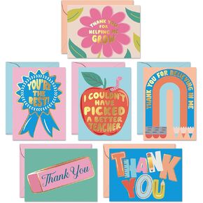 S&O Set of 24 School Teacher Appreciation Cards - 6 Assorted Thank You Notes Designs - Cute Thanks Messages with Envelopes - Kids Grateful Slips for Mentor & Coach - Gratitude Sheets for Professors