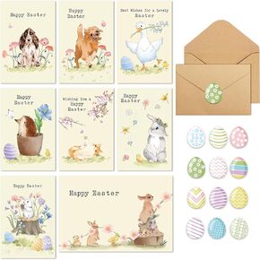 24 Pack Easter Cards for Family Friends, 4 x 6 Inches Vintage Easter Cards Set for Kids Grandkids Students, Bunny Chicks Eggs Happy Easter Cards Bulk with Envelopes and Stickers