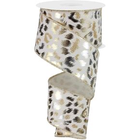 Wired Leopard Print Ribbon with Glitter and Metallic Spots for Animal Cheetah Bows, Wreaths, Christmas Trees, Gift Wrap, Crafts and Decorations (Ivory, Gold, Silver, 2.5" x 10 Yards)