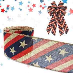 Threetols Patriotic Wired Edge Ribbon 2.5" 10 Yards, Memorial Day Red Blue Glitter Wired Ribbon Patriotic Ribbon Red Blue Stripe Ribbons for 4th of July Holiday Party DIY Craft Decoration Wreath Bow