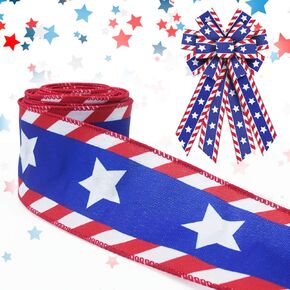 Threetols Patriotic Wired Edge Ribbon 2.5" 10 Yards, Memorial Day Red Blue Glitter Wired Ribbon Patriotic Ribbon Red Blue Stripe Ribbons for 4th of July Holiday Party DIY Craft Decoration Wreath Bow
