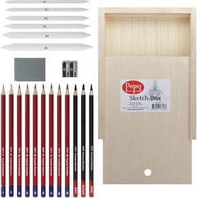 Pepy Sketching and Drawing Set in Wood Carrying Box: 3 Charcoal Pencils, 8 Graphite Pencils, Sharpener, Eraser, and Set of 6 Blending Stumps