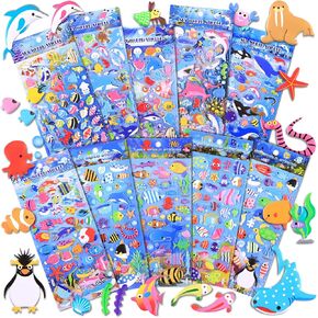 Kids Stickers 500+ 10 Different Sheets, 3D Puffy Sticker for Kids, Bulk Scrapbooking, Ocean Animal Stickers for Boys Girls Teachers Birthday Gift, Party Supplies, Reward