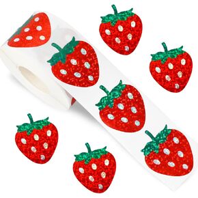 500Pcs Laser Strawberry Sticker Holographic Fruit Paper Decal Sparkly Red Sticker Label for Party Envelope Scrapbook DIY Supplies,1.5 in