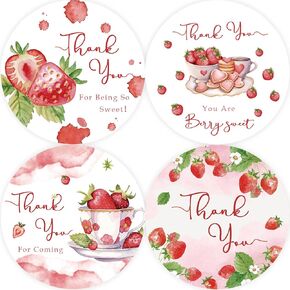 80pcs Strawberry Thank You Stickers, Sweet Fruit Theme Thank You Bridal Shower Stickers, Sweet High Tea Birthday Stickers, Strawberry Thank You Stickers for Girl Birthday Party Favors