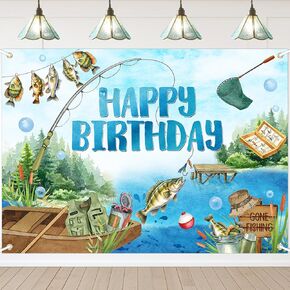 Avezano Gone Fishing Happy Birthday Banner 6 x 3.6 ft Fishing Birthday Party Decorations for Kids Men Fisherman Photo Booth Supplies