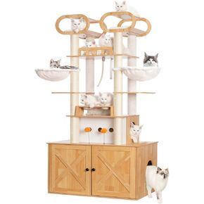 Heybly Cat Tree with Litter Box Enclosure, 76.8-inch Wooden mainecoons Cat Tower with Food Station,Extra Large Platforms, Modern Big Cat Condo Furniture with All-sisal Scratching Post, Walnut HCT111WB