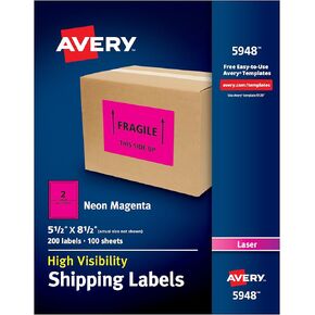 Avery Neon Shipping Labels for Laser Printers, 5-1/2" x 8-1/2", 200 Pink Labels (5948)
