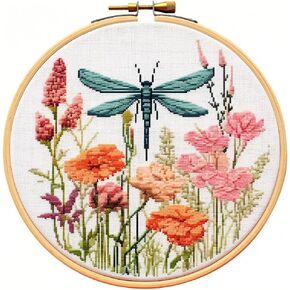 Dragonfly and Wild Flowers Stamped Cross Stitch Kits for Beginners Easy with Hoop 11CT Needlepoint Embroidery DIY Counted Cross Stitch Kits Art Craft Wall Decor 35x35cm(2)