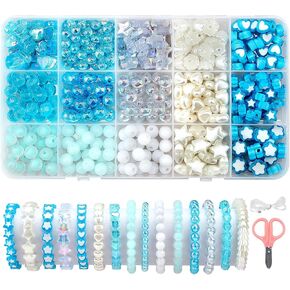WESADN Bracelet Making Kit for Girls, Glass Beads for Jewelry Making Kit Friendship Bracelet Kit with Round Beads for Bracelets Jewelry Making and DIY Crafts Kids String Set Blue White