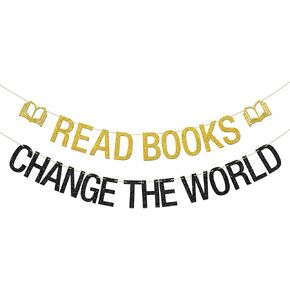 INNORU Read Books Change the World Banner, School Classroom and Library Sign Decorations, Read More Books, World Book Day Party Decorations Gold Black Glitter
