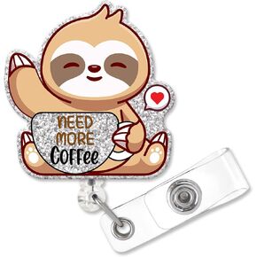 Need More Coffee Funny Shaped Badge Reel Holder with Metal Shark Clip, Office Hospital Lab Work ID Tag, Badge Gift for Nurse, Gift for Doctor Coffee Lovers PA RN MD