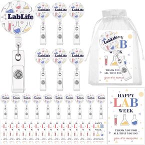 20Sets Lab Week Gifts Medical Laboratory Science Badge Reel Microbiology Gifts with Alligator Clip Thank You Card and Organza Bags for Medical Laboratory Science Scientist Nurse Doctor
