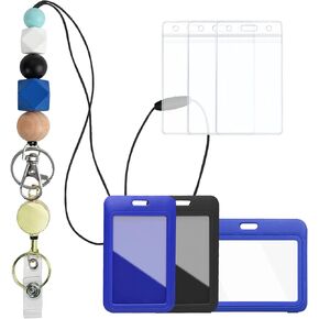 Badge Holder Set Pink Plastic Case with Retractable Badge Reel Carabiner Clip & Silicone Beads Lanyard Fashionable Vertical and Horizontal Card Protector for Nurse Teacher Student