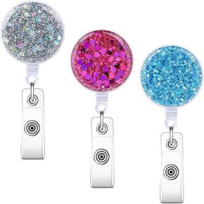 3 PCS Badge Reel Retractable Badge Reel Holder Plastic ID Badge Reel Lightweight Cute Glitter Badge Holder with Alligator Clip for Teacher, Student, Office Worker(Bling Design)