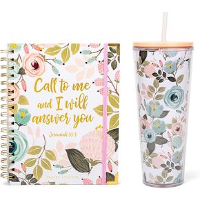 Mary Square Call To Me Peachy Pink Floral Foliage Prayer Note Journal, Travel Tumbler with Straw Gift Bundle Set
