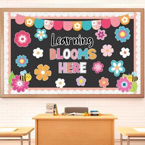 Spring Bulletin Board Set Colorful Floral Bee Cutouts Learning Blooms Here Classroom Decoration for Kindergarten School Chalkboard Wall Decor