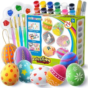 Easter Colorful Eggs Painting Kit-Paintable Eggs with Doodle Kit for DIY Design-Hanging Flocking Eggs with Rope for Easter Decoration, egg Hunts, Basket stuffers, Easter Gift,24PCS