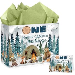 One Happy Camper Birthday Gift Bag Camping 1st Birthday Gift Bag with Greeting Card and Tissue Paper Forest Adventure One Gift Wrapping Bag for Boys Newborn Baby Shower 1 Year Old Party