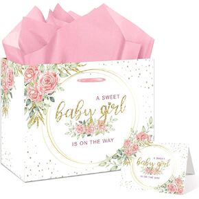 SUNDECO Large Baby Shower Girl Gift Bag with Tissue Paper and Greeting Card Pink baby in bloom Wrapping Paper for Baby Girl Gifts and Birthday Decor, Floral Gift Bag for Baby Party Decorations