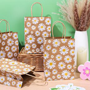 Whaline 12 Pack Daisy Flower Goodie Bags Hippie Daisy Flower Gift Kraft Paper Bags with Handles Floral Gift Bags for Spring Party Favor Wedding Birthday Shopping Baby Shower, 5.9 x 8.3 x 3.1 Inch