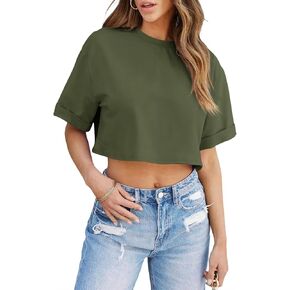 Tankaneo Women Crop T-Shirts Half Sleeve Drop Shoulder Cropped Tops Y2K Casual Summer Basic Tees in Saudi Arabia