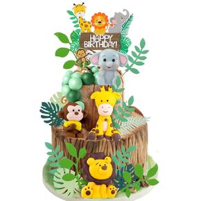 36 PCS Safari Cake Topper Leaves Cake Decorations Elephant Birthday Cake Toppers Topper Animals Cakes Toppers Woodland Animal Tiger Lion for Barty Baby Shower Supplies