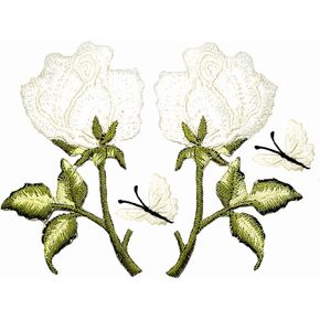 Set. White Rose Flower Embroidered Iron On Patch White Butterfly Stickers Jeans Jacket Clothes Decoration Appliques Sewing Fabric Badges Patches