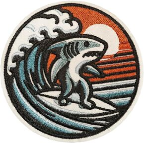 Shark Patch Iron On Patch Surfing with Wave Iron On or Sew On Patches Perfect for Backpacks Jeans Jackets Hats & Clothes Cute Funny Cool Embroidered Appliques Patch
