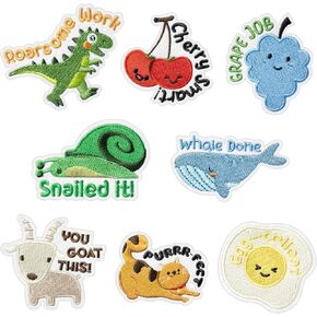 8Pcs Punny Iron on Patches Funny Animal Fruit Sew on Repair Embroidered Applique Inspiration Positive Accents Words Motivational Potty Training DIY Crafts Teacher Rewards Gift for Clothes Backpack Hat
