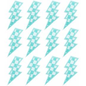 12 PCS Aqua Checkered Lightning Patch Lightning Iron On Bolt Patch Racing Embroidery Patch for Hats Bags Clothes