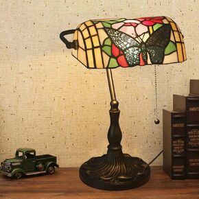 Banker Lamp, Bankers Lamps for Desk,Banker Desk Lamp,Tiffany Bankers Lamp, Stained Glass Lamp, Humming Bird Flower Rose Butterfly Pattern Coloured Glass Lampshade Alloy Base,Red rose