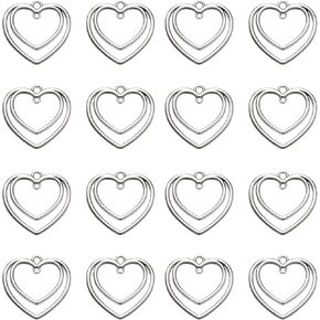 50Pcs Alloy Double Heart Charm Open Back Bezel Pendants Pressed Flower Blank Frame Pendants Connector Charms For DIY Resin Jewelry Making Earring Necklace Bracelet