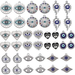 SUNNYCLUE 40PCS 10 STYLES Sliver Evil Eye Charms Bulk Rhinestone Charms Hollow Crystal Cubic Zirconia Shiny Lucky Eyes Heart Love Charm for Jewelry Making Charms Diy Earrings Bracelet Necklace Craft