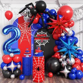 Spider Theme Balloon Garland Arch Kit, Boys 3rd Spider Birthday Decorations, Black Red and Blue Balloon Garland with Number 3 Balloon, Star Foil Balloons for Baby Shower Spider Theme Birthday Party