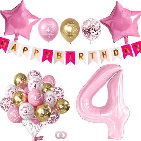 Pink 7th Birthday Decorations for Girls Including Happy Birthday Banner, Number 7 Foil Balloon, 2pcs Star Balloons and 16pcs Happy 7th Birthday Confetti Latex Balloons, Girl Birthday Party Favors