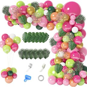 146Pcs Tropical Balloons Garland Arch Kit, Hawaiian Luau Tropical Aloha Flamingo Party Decorations Hot Pink Fruit Green Rose Gold Confetti Balloons Palm Leaves Birthday Baby Shower Wedding Supplies