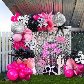 راعية البالون الوردي والأسود البالون أغطية القوس 101pcs مع رقائق Mylar ديسكو البقر البقر بطبعة البقر للفتاة عيد ميلاد البكالوريوس حفلات حفلة