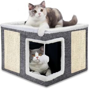Cat Houses for Indoor Cats, Large Cat Beds and Furniture with Fluffy Ball and Scratch Pad, Foldable Cat Cave for Multi Small Pet Kitten Rabbit, Grey