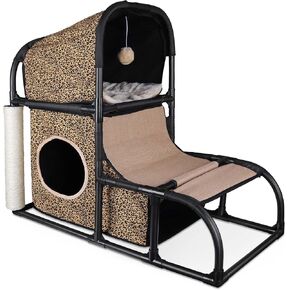 Goetland PVC Modern Cat Condo Cat House Cat Tree Medium Cat Tower Bed Scratching Post Climber Peek Dangling Ball Hole for Kitty Indoors Cat Gray