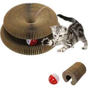 Andiker Magic Organ Cat Scratching Board, Corrugated Paper Cat Scratcher with Jingly Ball for Playing Scratching Paws, Foldable Grinding Cat Toys for Indoor Cats for Mental & Physical Exercise(Wood)