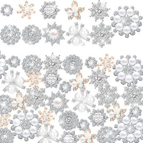 44 Pieces Pearl Rhinestone Brooches Embellishments Buttons Bulk Faux Pearl Flower Rhinestone Buttons for Jewelry Making Decor, 11 Styles (Silver and Gold,Flat Back Style)