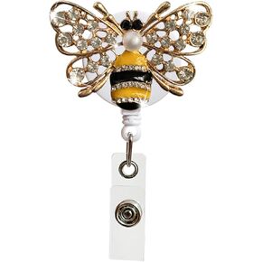 Crystal Bee Yellow Bling Bling Retractable Badge Reel Holder ID Badge Holder with Belt Clip Badge Holders for Nurse, 25.6 Inches Retractable Cord