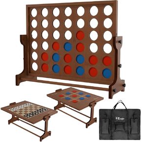 Giant Wooden 4 in a Row Game W/Quick Release Lever, 4 in 1 Wooden Game Set: Big Chess & Checkers, Tic Tac Toe, Connect 4 Game Outdoor Yard Games for Family Party Fun Lawn Games for Adults