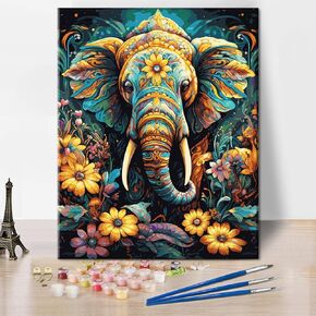 Elephant God Paint by Numbers Kit - Modern Animals, Indian Religion, Flowers - DIY Adults Art for Home Wall Decor 16x20 in