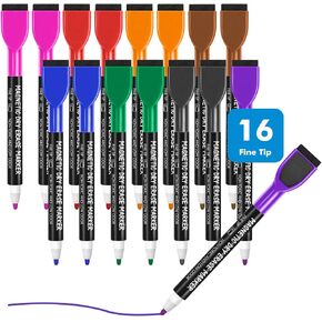 maxtek Magnetic Dry Erase Markers, 16 Colors Fine Tip Whiteboard Markers with Eraser, Low Odor Thin Markers for School Office Home