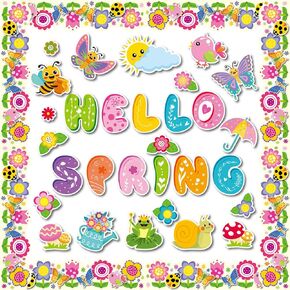 70 Pcs Hello Spring Bulletin Board Decorations Spring Flowers Butterflies Cutouts Classroom Decor School Holiday Game Party Supplies for Kids Bedroom Colorful Fun Craft
